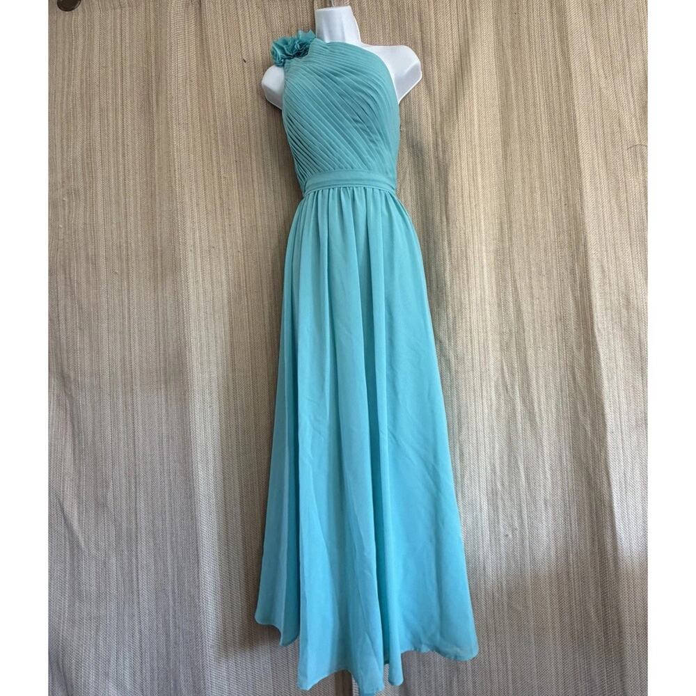 KF Bridal Aqua Chiffon One Shoulder Gown - Rosette Detail - Size 8/10